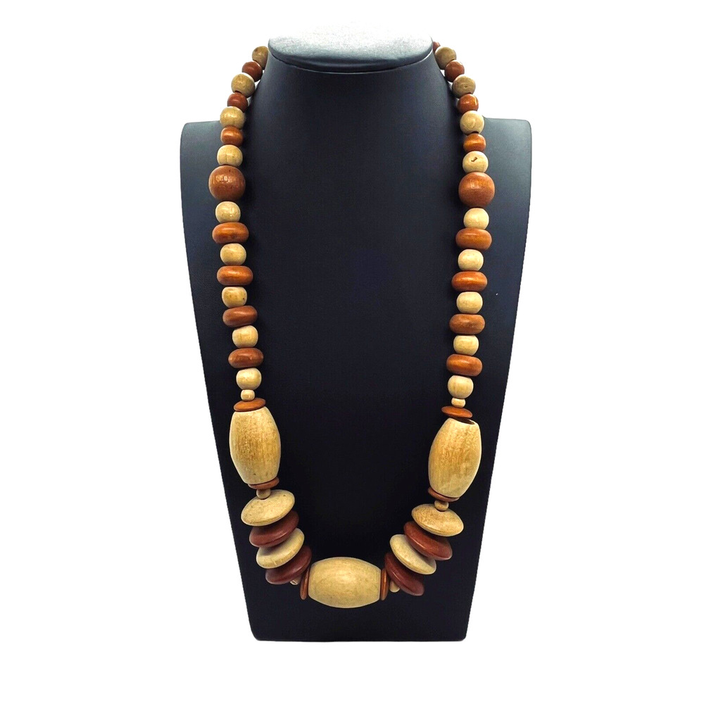 Wood Beaded Necklace Hippie Boho Chunky 1980s Disk & Oblong Shaped Beads Retro